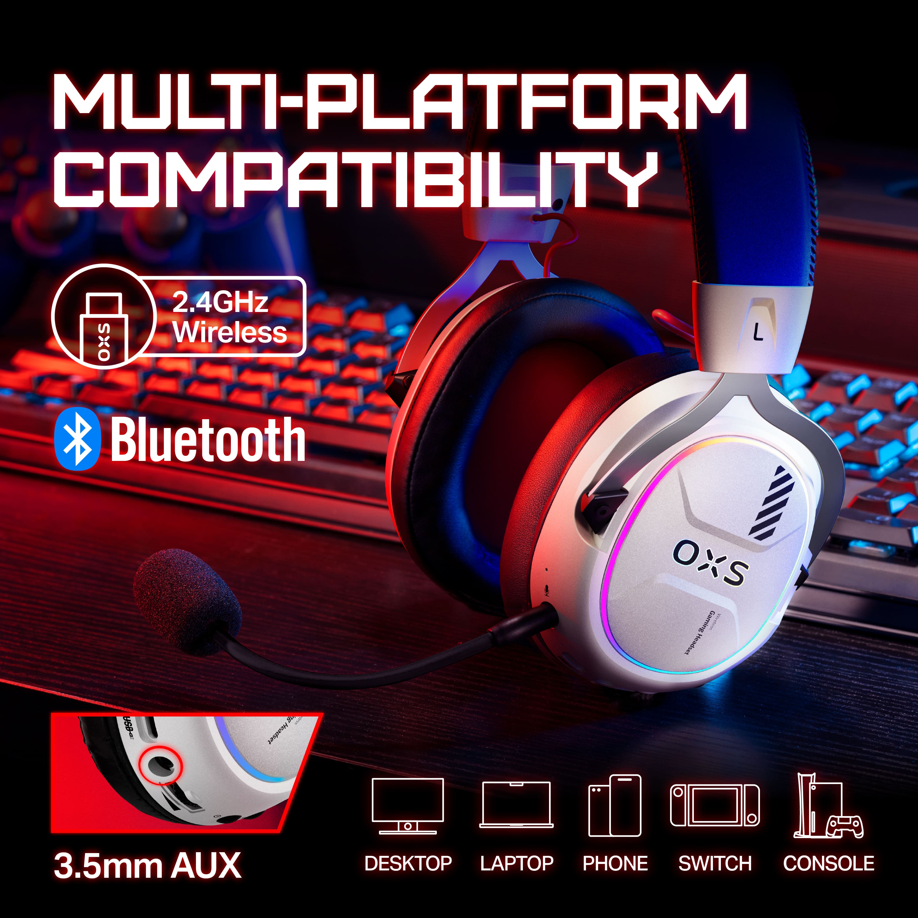 OXS Storm G2 Wireless Gaming Headset Compatible with Various Devices, such as gaming console, PCs, laptops, phones. 2.4GHz wireless, Bluetooth, 3.5mm Aux.