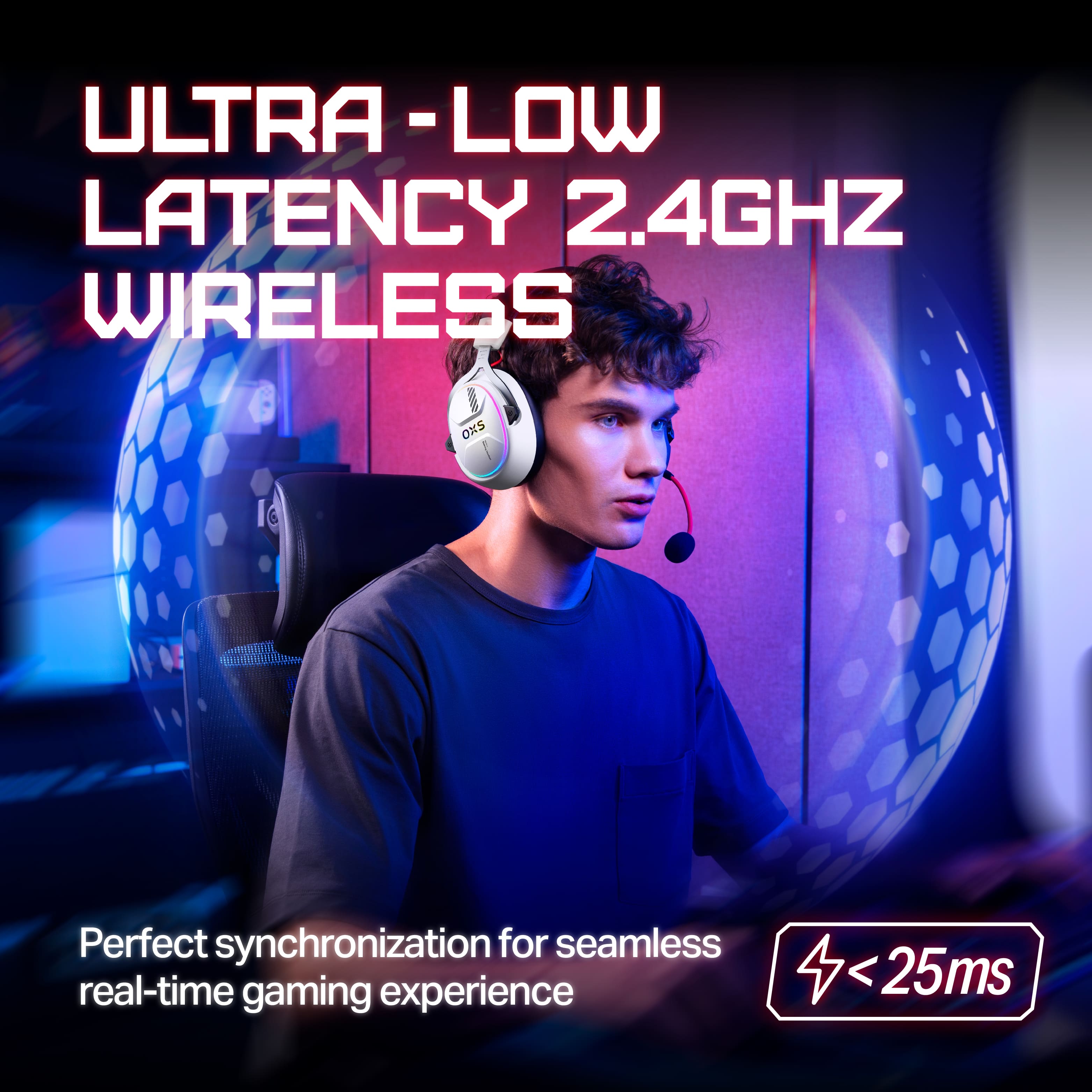 OXS Storm G2 Wireless Gaming Headset with Ultra-Low Latency by 2.4GHz wireless connection.
