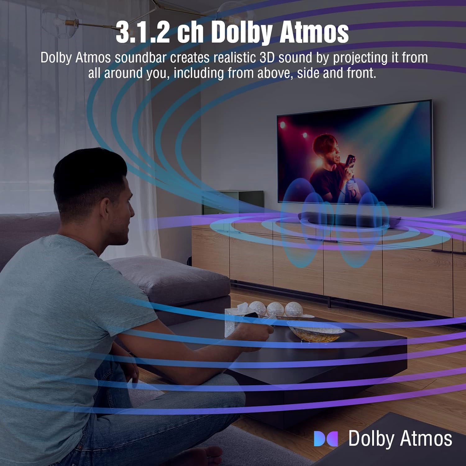 3.1.2ch Dolby Atmos tv sound bar brings the movie theater experience into your home and creates realistic 3D surround sound