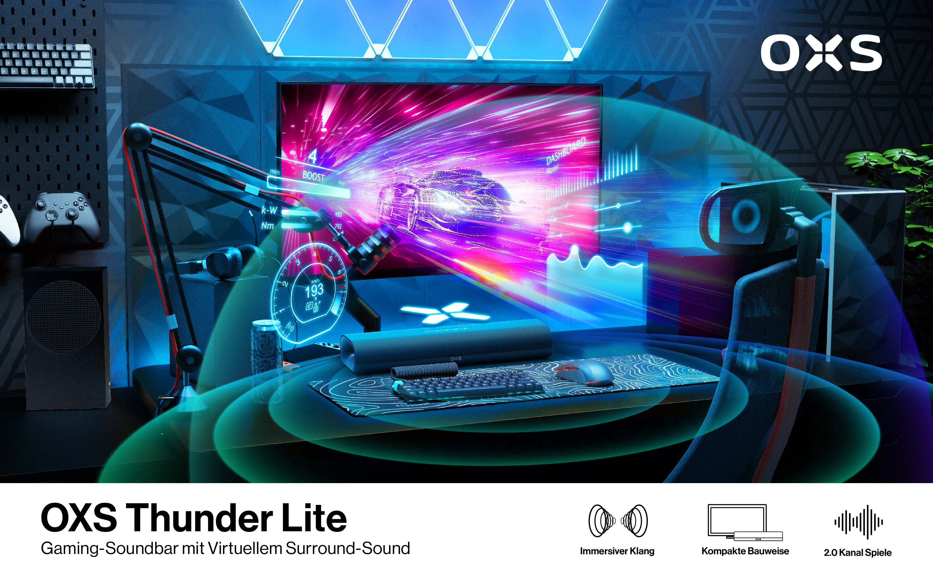 OXS Thunder Lite - Kompakte 2.0-Kanal Gaming-Soundbar