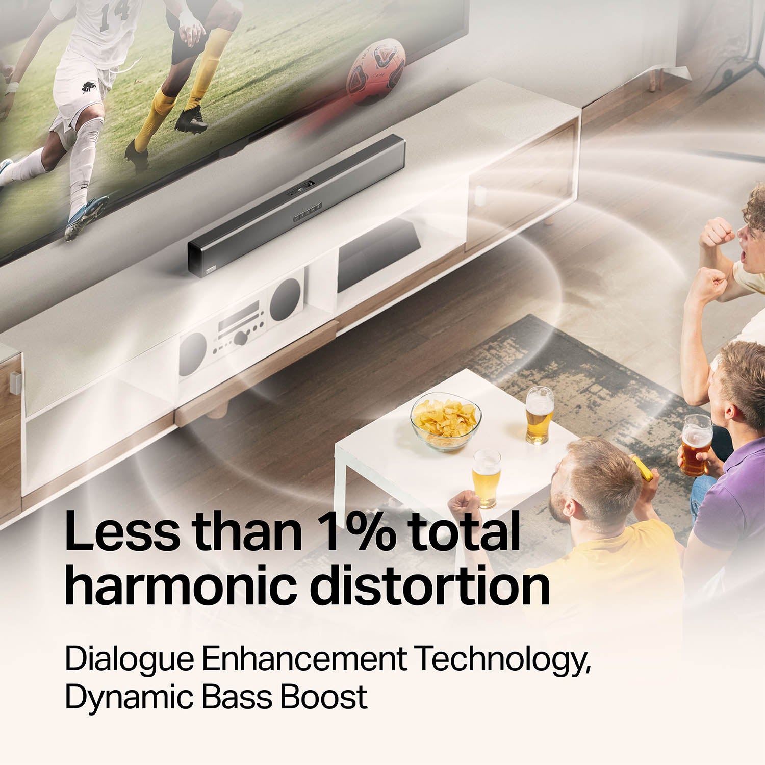 OXS S3 Soundbar for TV with Dialogue enhancement Technology can make details stand out With less than 1%  total harmonic distortion providing the sound reproduction