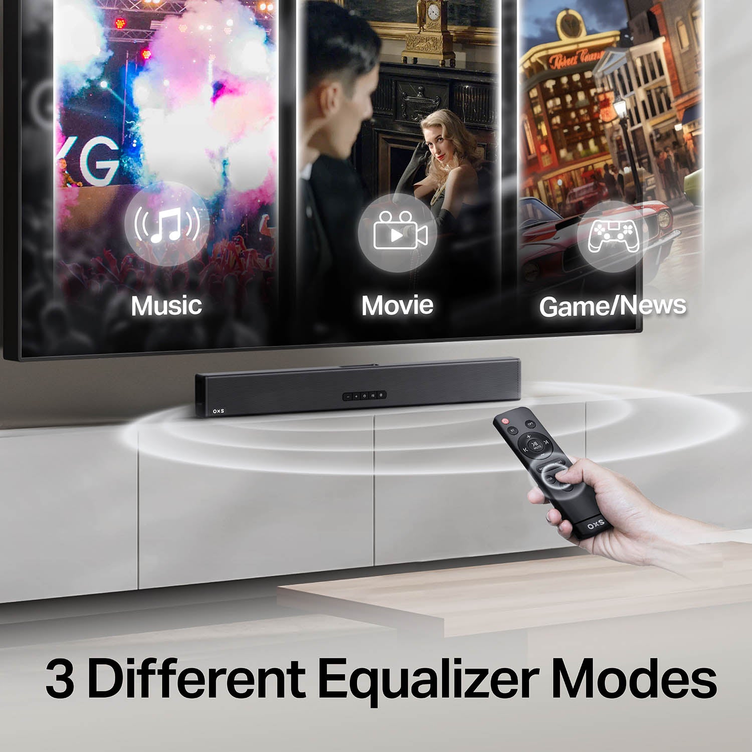 OXS S3 home audio soundbar can improve TV sound with multiple preset EQ settings, to get you High quality musics and get extreme gaming experiences