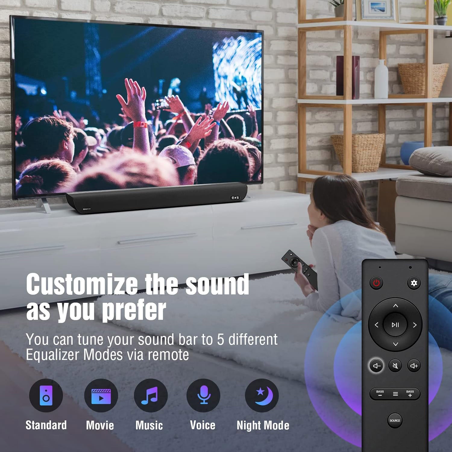 OXS S5 sound bar with subwoofer is designed with 5 sound modes to meet your daily needs. You can tune your sound bar to Standard Mode, Movie Mode, Music Mode, Voice Mode and Night Mode