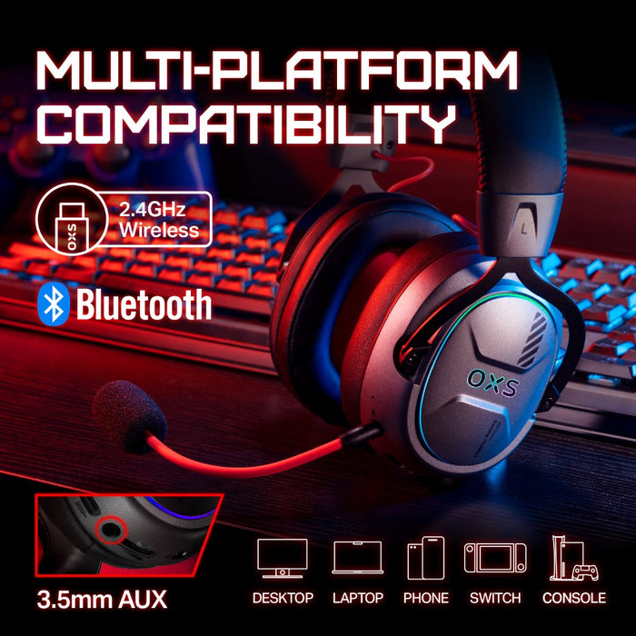 OXS Storm G2 Wireless Gaming Headset, 7.1 Virtual Surround Sound, 3 EQ Modes, 2.4GHz Low Latency, 50mm Driver, 40 Hours Playtime, RGB Light, Bluetooth 5.3, Compatible With PC, Console