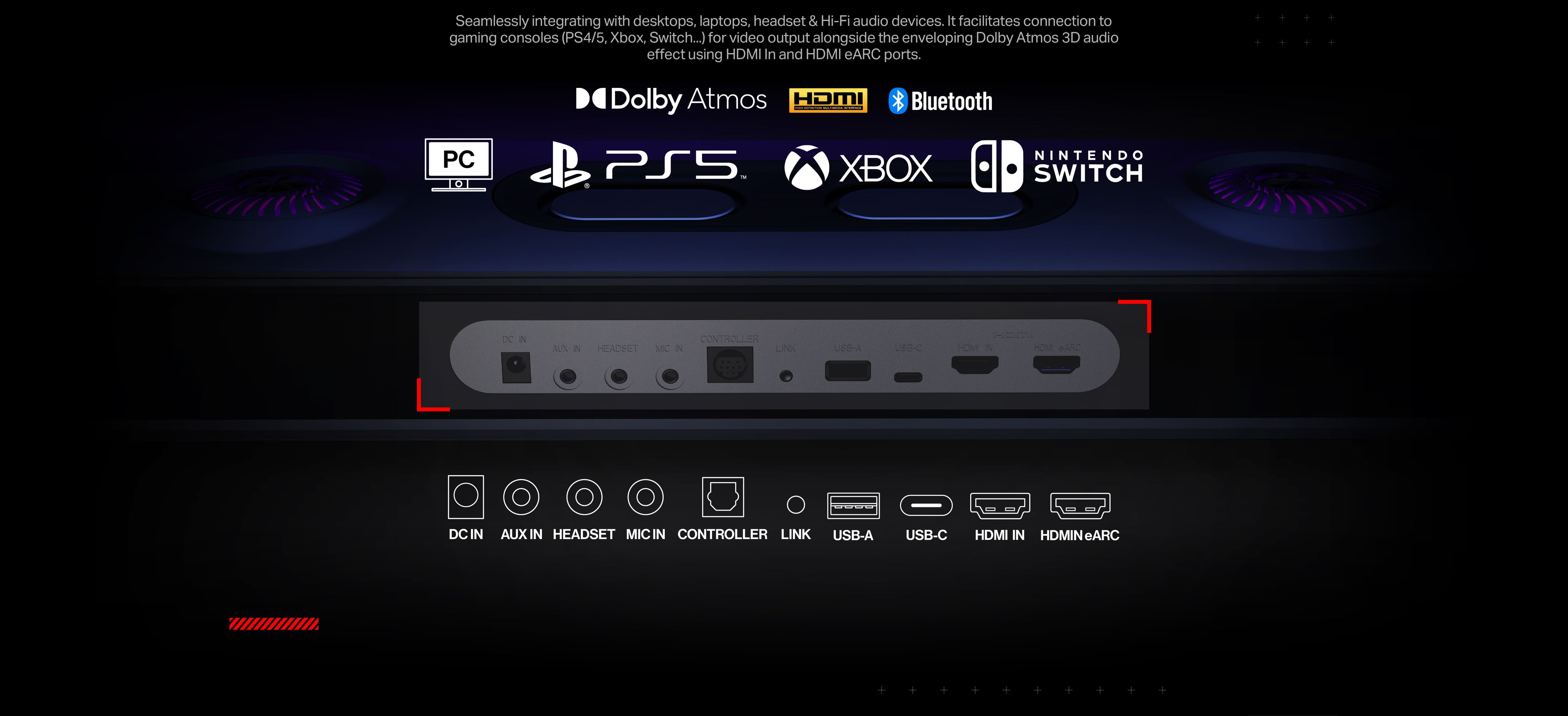 OXS Thunder Pro top soundbar computer features 3 preset EQ modes, perfect for FPS, racing and MOBA games. Dolby Atmos gaming speaker for video games on PS4, PS5, Xbox, Swich