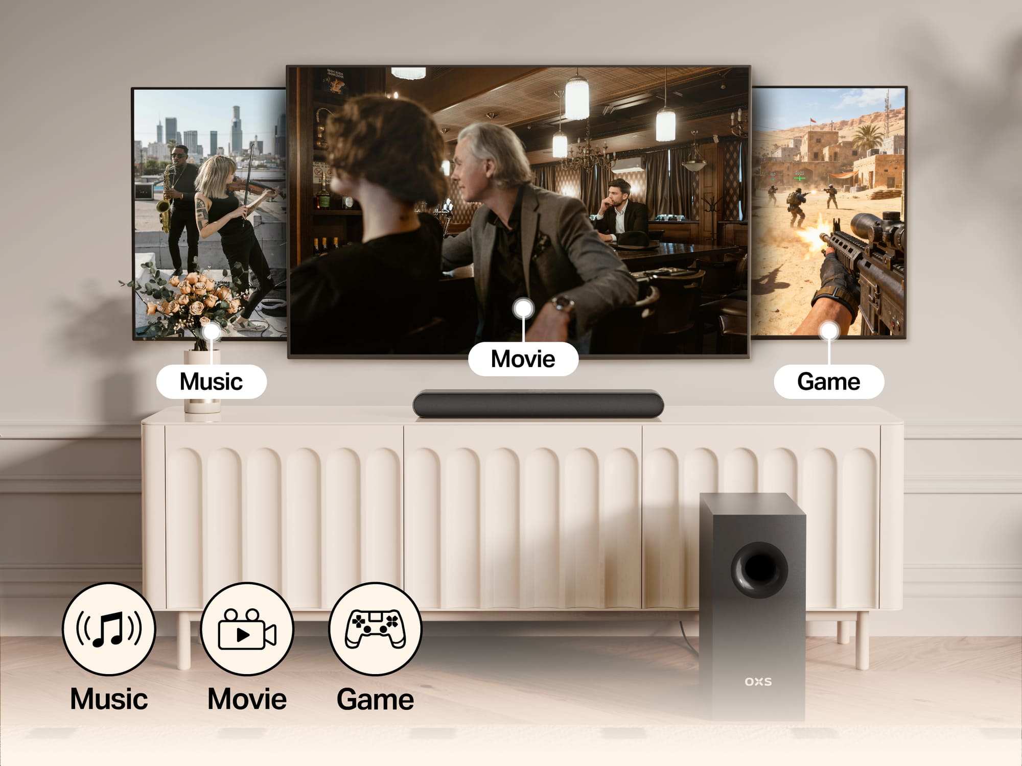 Tuned Audio Modes
Tuned audio modes for precision sound. Professionally optimized presets for Music, Game, Movie.