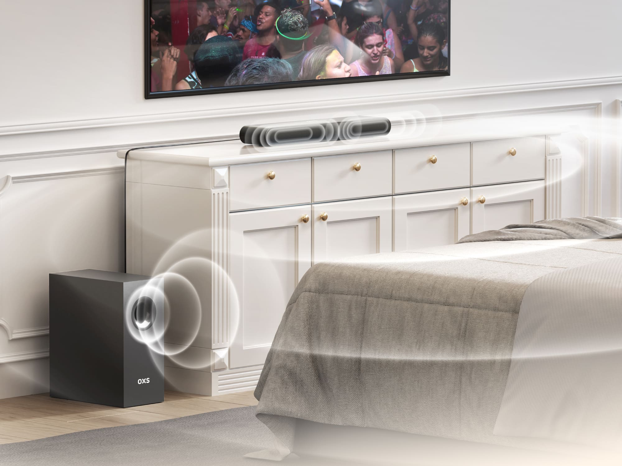 Slim and unobtrusive, it blends naturally with nightstands or dressers, filling your room with powerful sound while keeping your space serene.