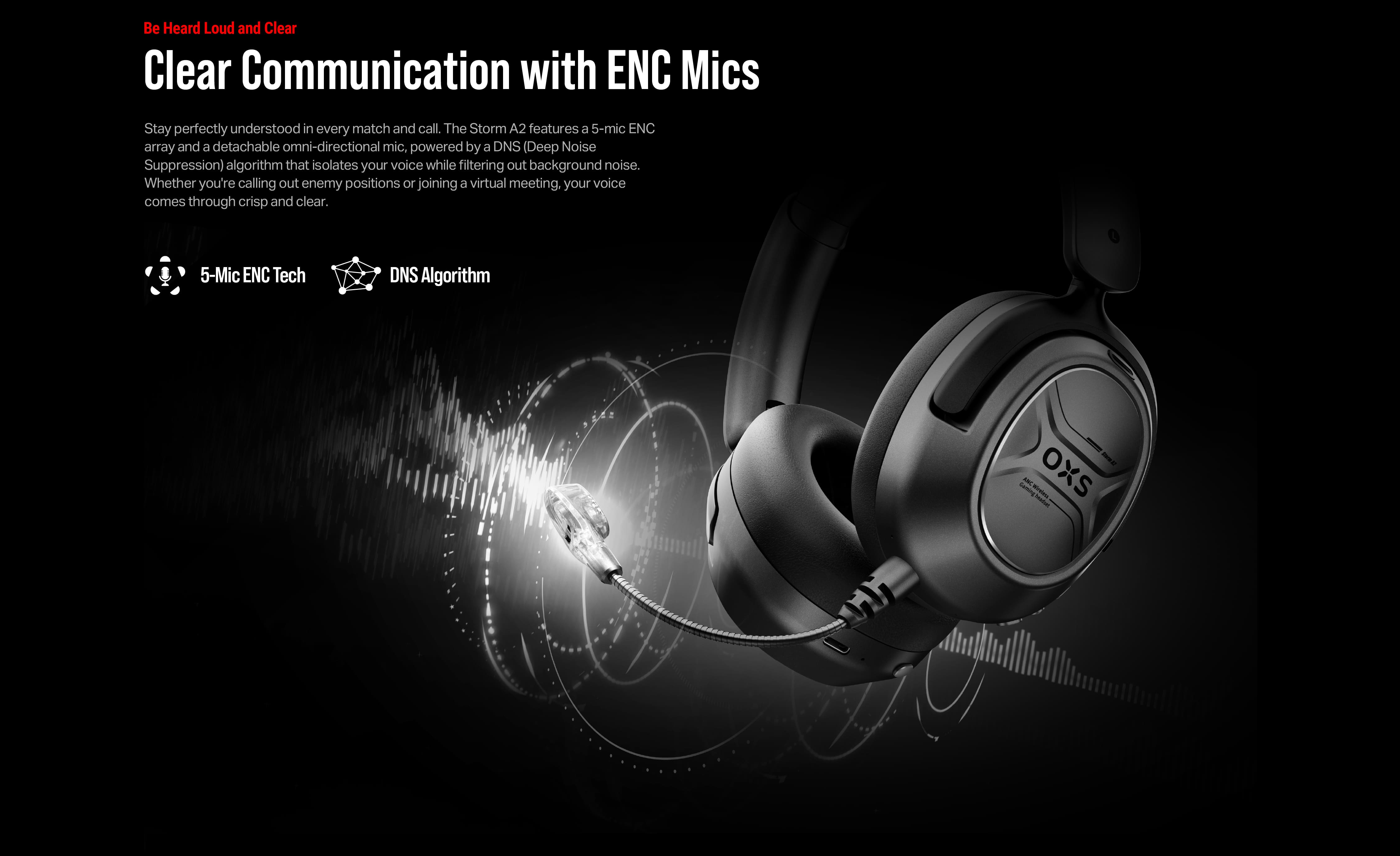 OXS Storm A2 wireless gaming headset with 5-Mic ENC tech. Five mics ENC array and DNS algorithm for clear communication. Top gaming headphones, also ideal for working, traveling and enjoying music and movies.