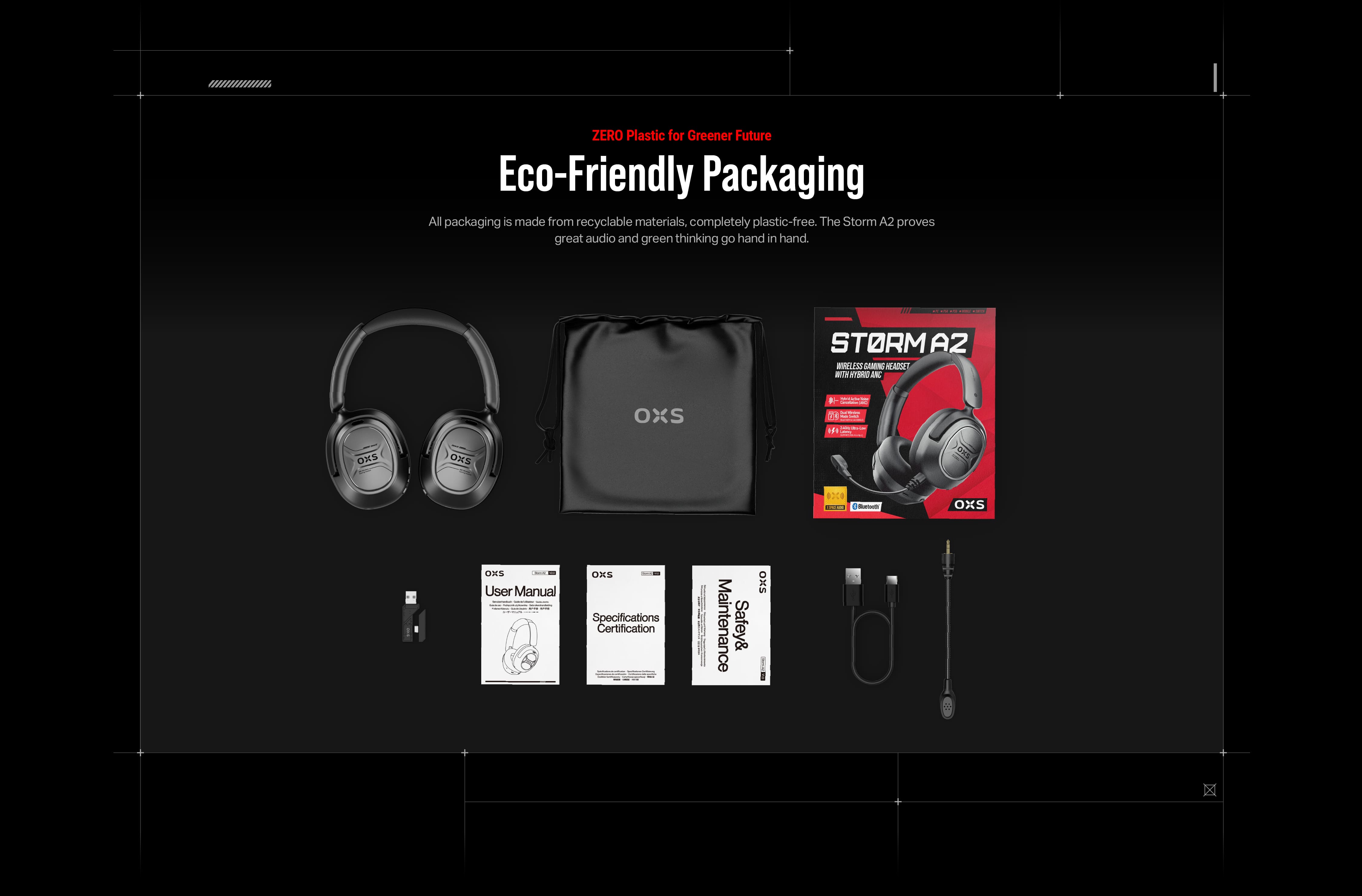 OXS Storm A2 wireless gaming headset with eco-friendly packaging. Best gaming headphones, also ideal for working, traveling and enjoying music and movies.