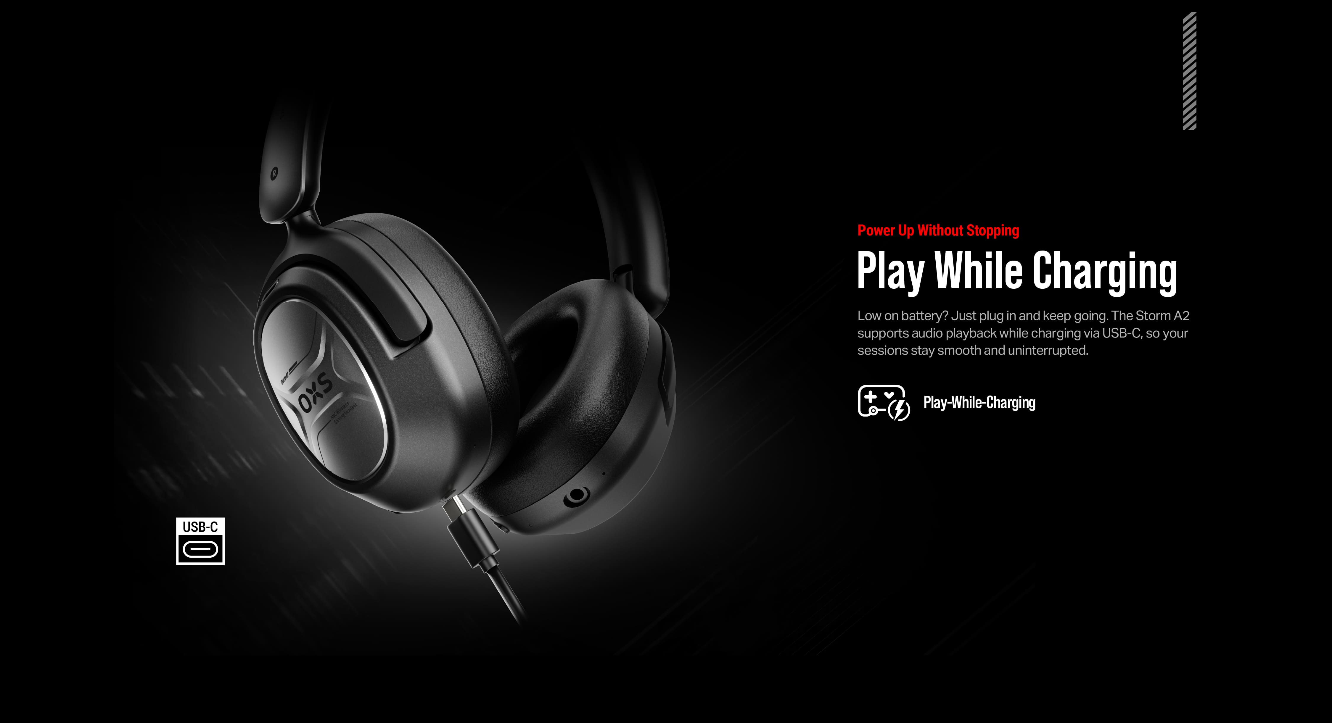 OXS Storm A2 wireless gaming headset with play-while-charging features. Top gaming headphones, also ideal for working, traveling and enjoying music and movies.