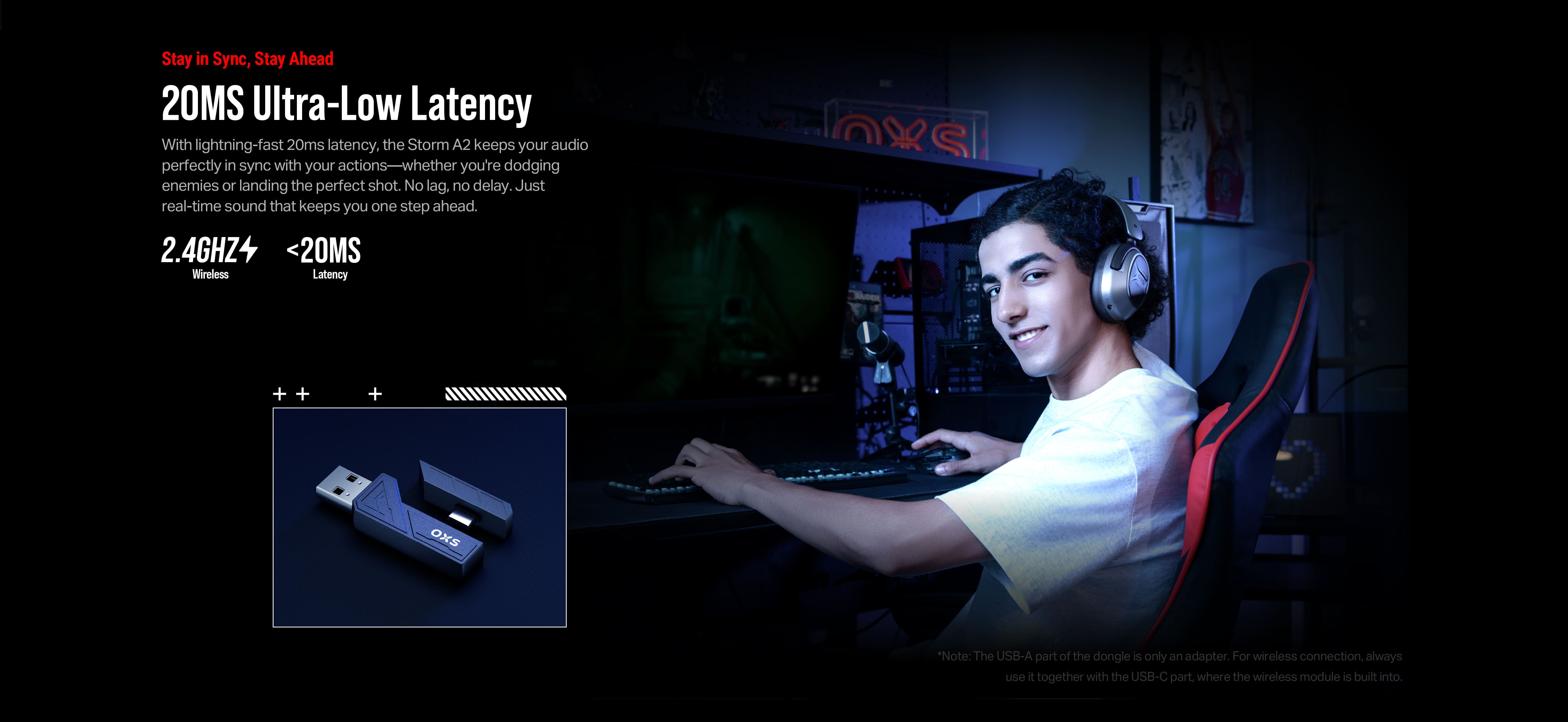 OXS Storm A2 wireless gaming headset with ultra-low latency. 2.4GHz USB-A dongle and USB-C dongle, less than 20ms latency. Best headphones for gaming, working, traveling and enjoying music and movies.