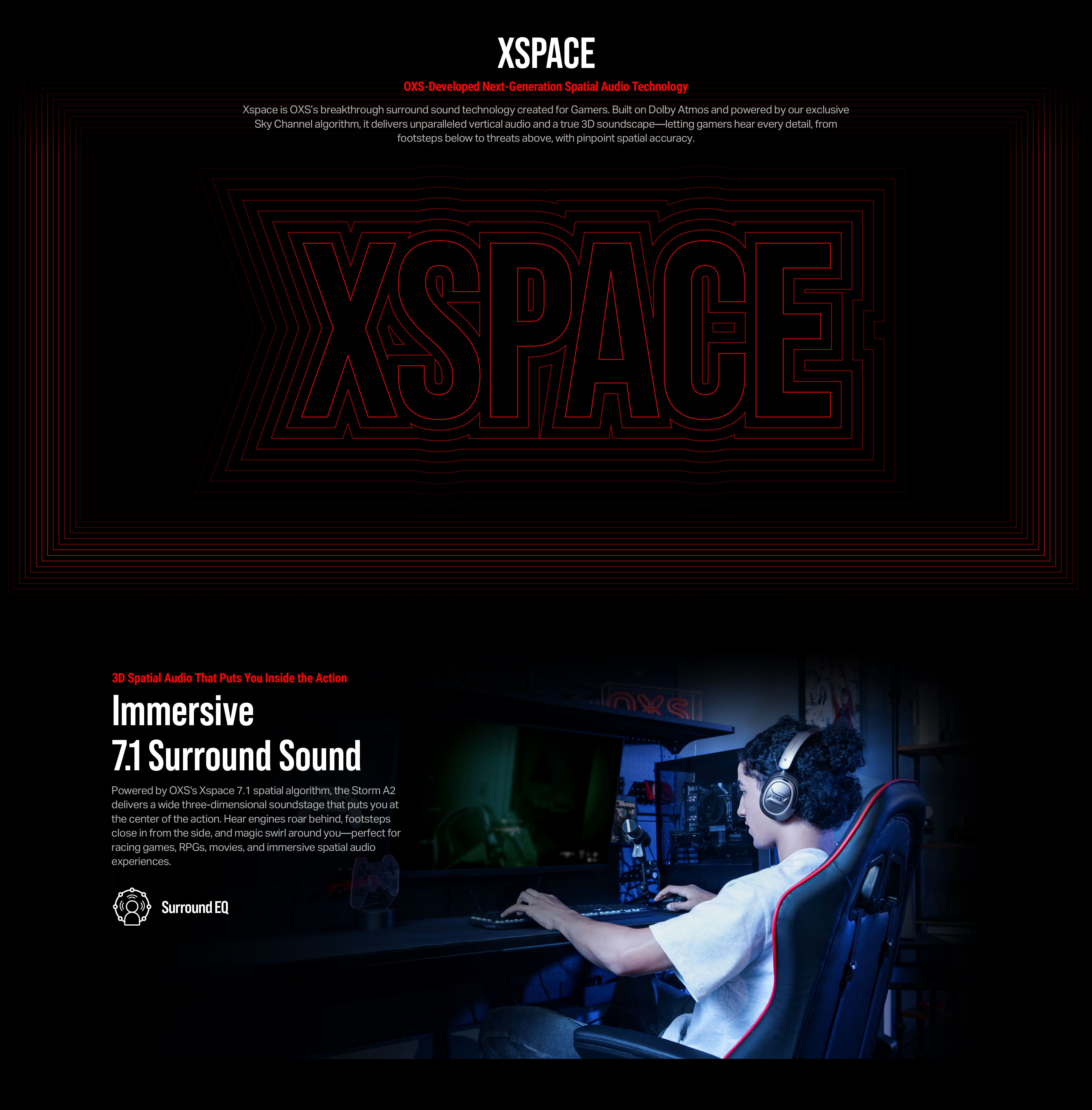 OXS Storm A2 wireless gaming headset with Xspace™ spatial surround sound technology. Immersive 7.1 virtual surround sound. Top gaming headphones, also ideal for working, traveling and enjoying music and movies.