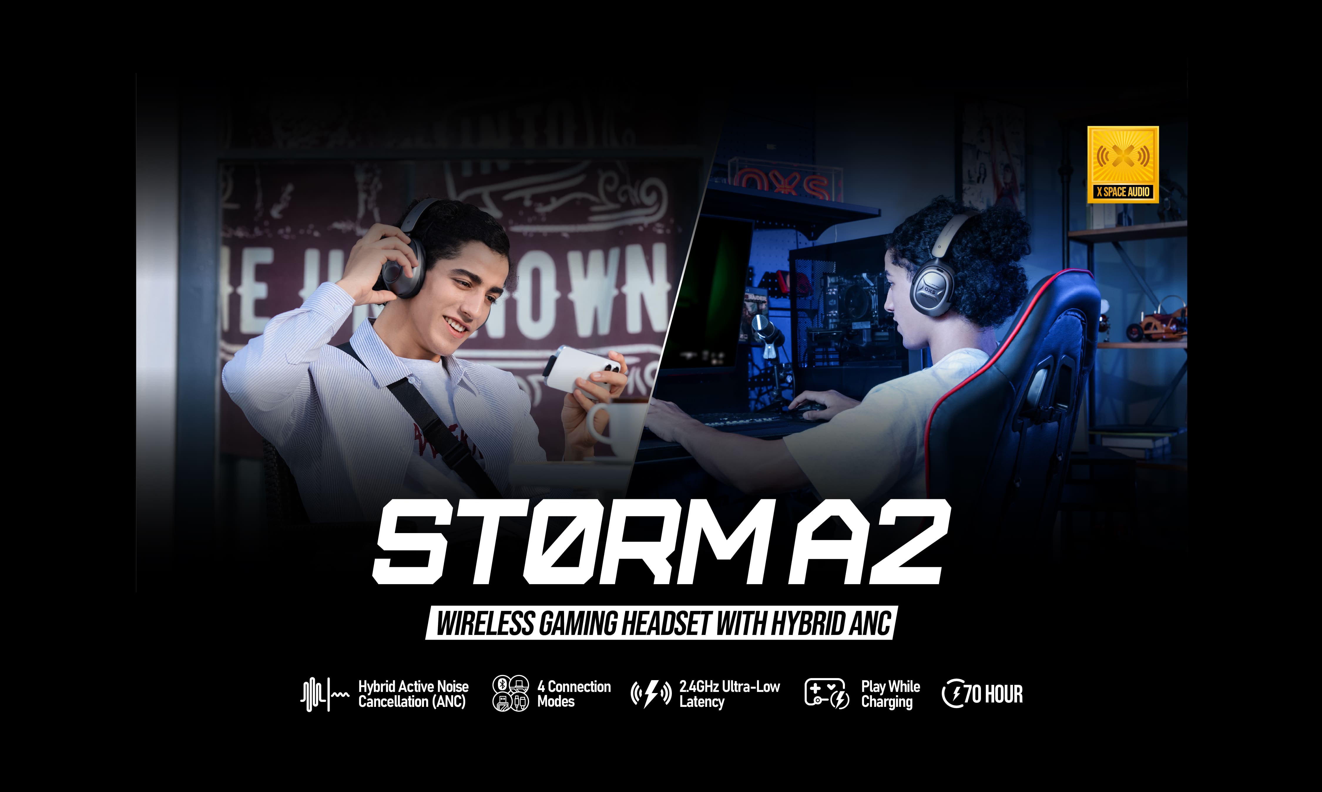 OXS Storm A2 wireless gaming headset with hybrid ANC. 4 connection modes, 2.4GHz ultra-low latency, play while charging, 70 hours battery and super comfort. Top headphones for gaming, music, movie and commute.