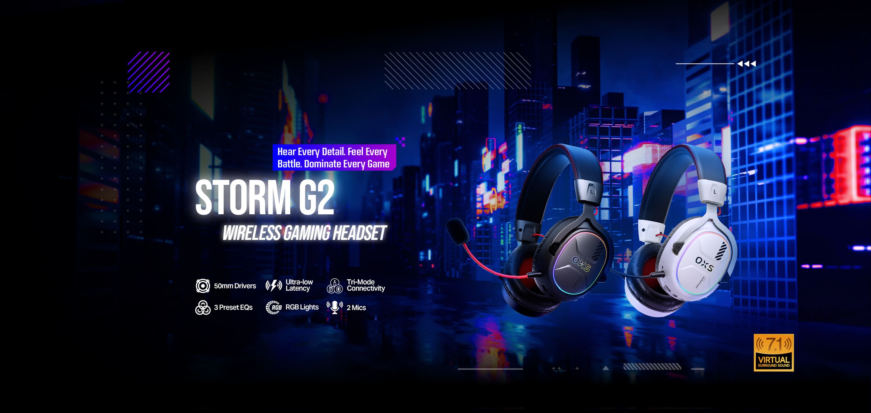 Step into a new dimension of gaming with 7.1 virtual surround sound, ultra-low latency wireless connection, and all-day comfort. The OXS Storm G2 delivers precise positional audio and seamless communication, giving you the competitive edge in every match.