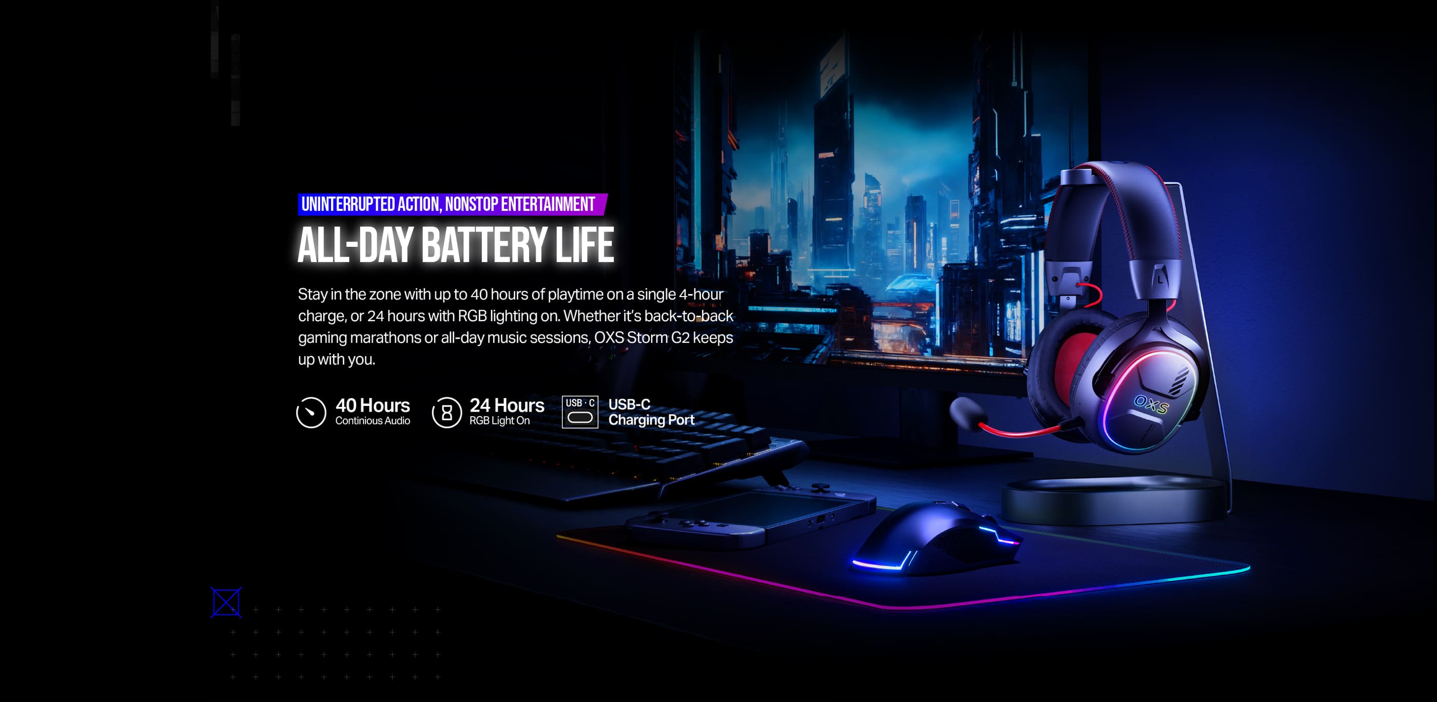 OXS Storm G2 top wireless headset supports up to 40 hours of playtime on a single 4-hour charge, or 24 hours with RGB lighting on.