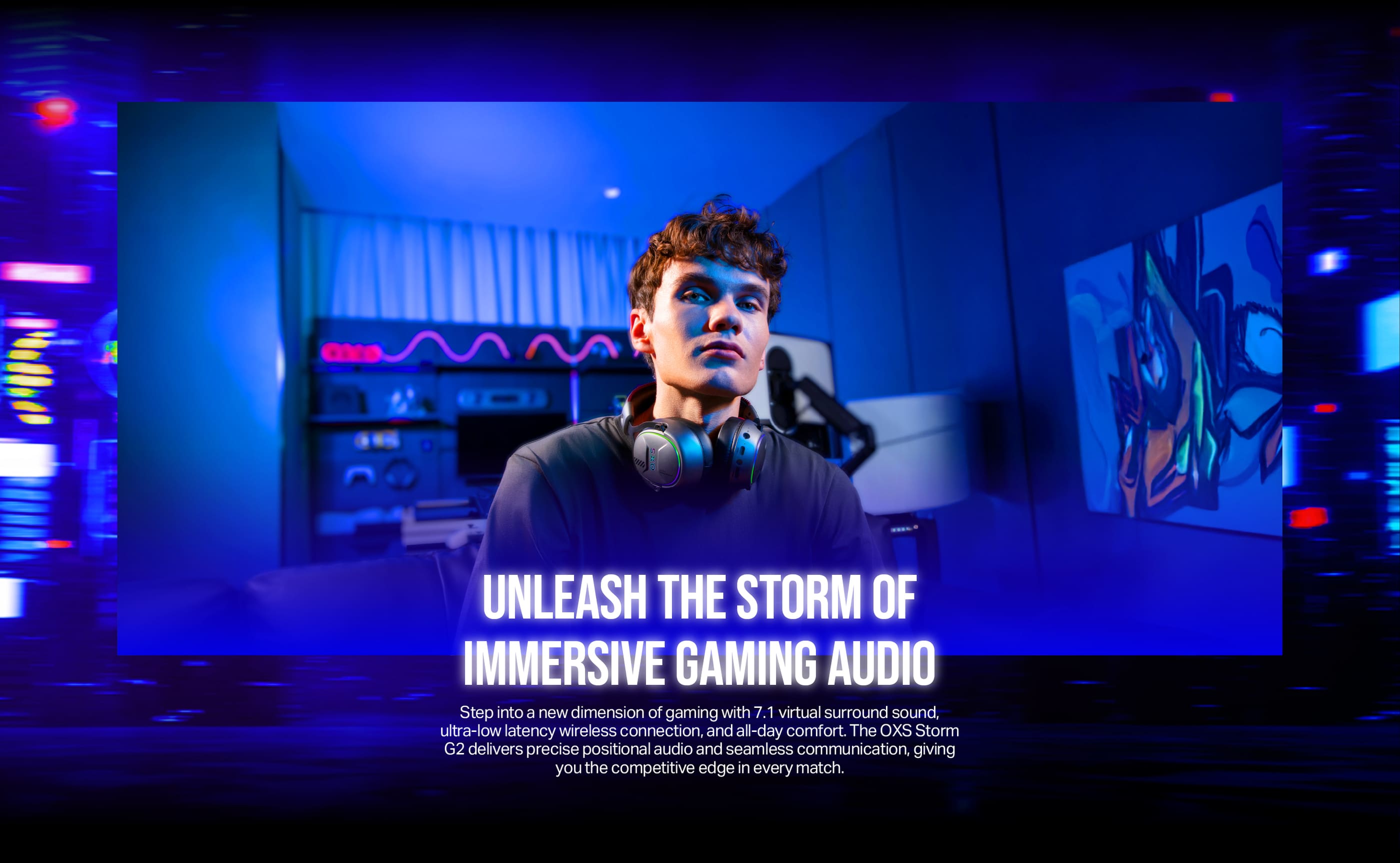 OXS Storm G2 top gaming headset with 7.1 spatial surround sound and ultra-low latency wireless connection.
